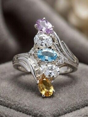 2.50 ctw Silver Amethyst Topaz Citrine Gemstone Sterling Ring size 8